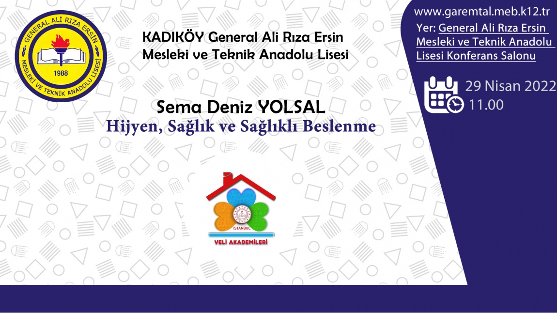 Veli Akademileri kapsamında 29/04/2022 Salı günü Saat:11.00'da Hijyen, Sağlık ve Sağlıklı Beslenme konulu seminerimiz Türk Dili ve Edebiyatı Öğretmenimiz Sema Deniz YOLSAL tarafından verilecektir. 